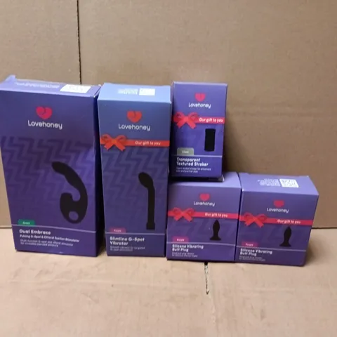 LOT OF 5 ASSORTED SEALED LOVEHONEY ADULT PLEASURE ITEMS TO INCLUDE SILICONE BUTT PLUG, G-SPOT VIBRATOR AND DUAL EMBRACE