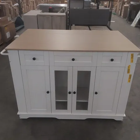 EXPANDABLE KITCHEN ISLAND WITH FOLDABLE SIDES 151.5CM STORAGE CART, TEMPERED GLASS DOORS BASE FINISH: WHITE