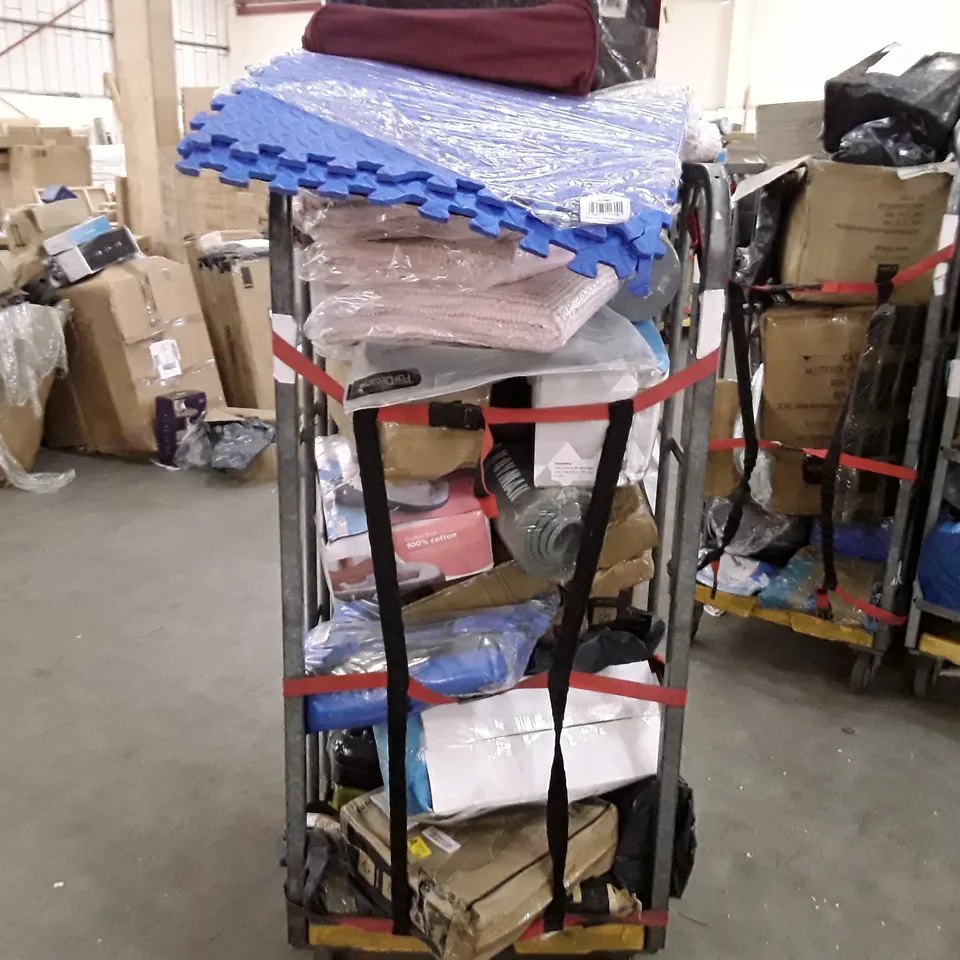 CAGE TO CONTAIN AN ASSORTMENT OF HOUSEHOLD ITEMS TO INCLUDE FOAM ROLLERS, BATH MATS, HANGERS AND EXERCISE MATS ECT