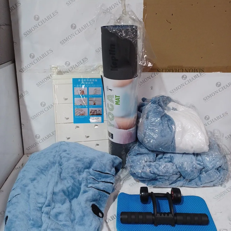BOX OF APPROX 8 ASSORTED ITEMS TO INCLUDE SEVERAL SHARK ONESIE (SIZE UNSPECIFIED), AB ROLLER WITH MAT, YOGA MAT, ETC - COLLECTION ONLY