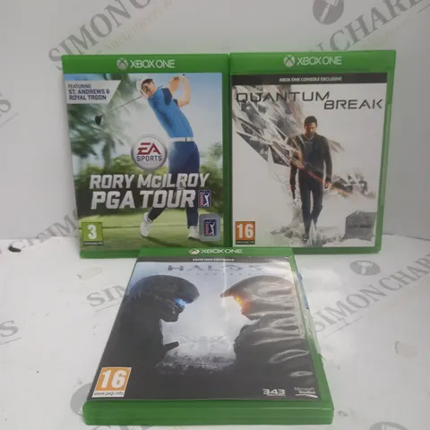 3 ASSORTED XBOX ONE VIDEO GAMES TO INCLUDE QUANTUM BREAK, HALO 5, RORY MCILROY PGA TOUR