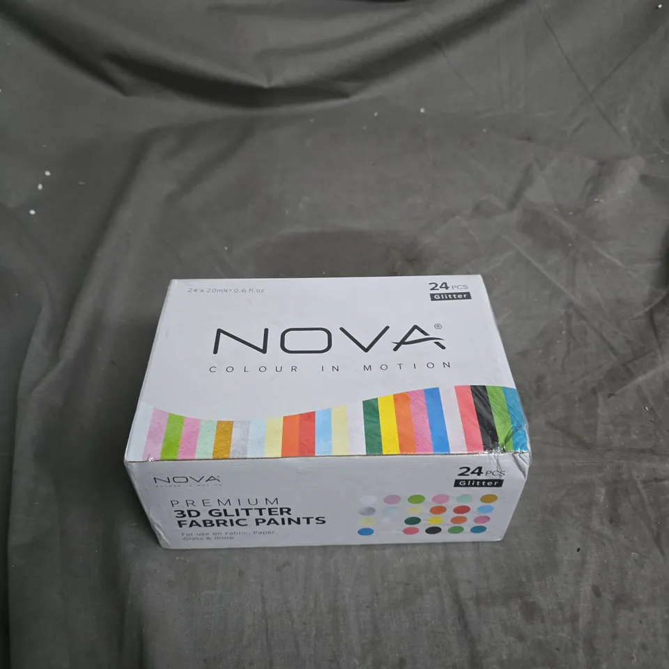 NOVA COLOUR IN MOTION PREMIUM 3D GLITTER FABRIC PAINTS – 24 X 20ML BOTTLES