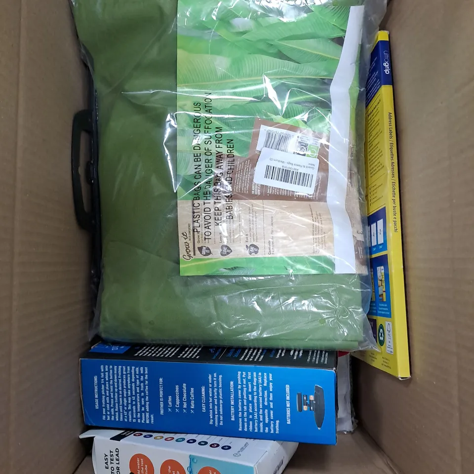 BOX OF APPROXIMATELY 10 ASSORTED ITEMS TO INCLUDE MILK FROTHER, PLANT JACKET, WATER TESTER KIT ETC