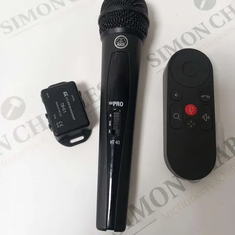THREE ASSORTED PRODUCTS TO INCLUDE; AKG MINI PRO MICROPHONE, LOGI REMOTE AND CLOCKAUDIO TS-C1