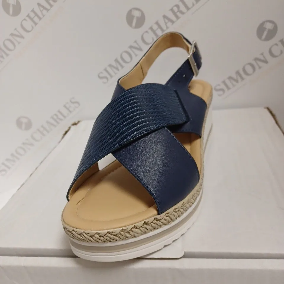 ADESSO LEATHER CROSS WEDGE SANDALS, NAVY - SIZE 5