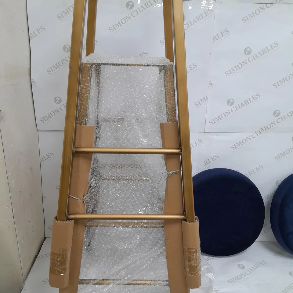 2 BAR STOOLS BRONZE BLUE VELVET SEAT 