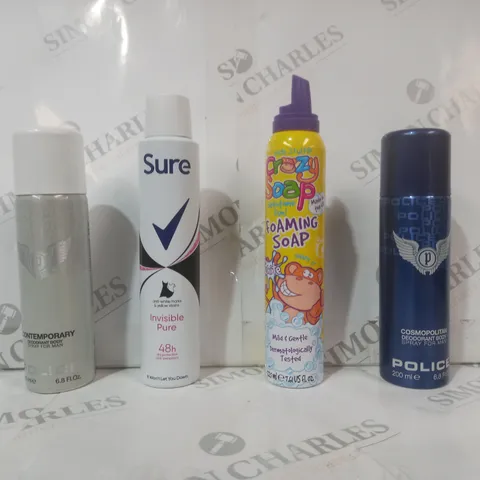 APPROXIMATELY 10 ASSORTED AEROSOL ITEMS IN INCLUDE POLICE COSMOPOLITAN BODY SPRAY, KIDS STUFF FOAMING SOAP, SURE ANTI-PERSPIRANT, ETC - COLLECTION ONLY