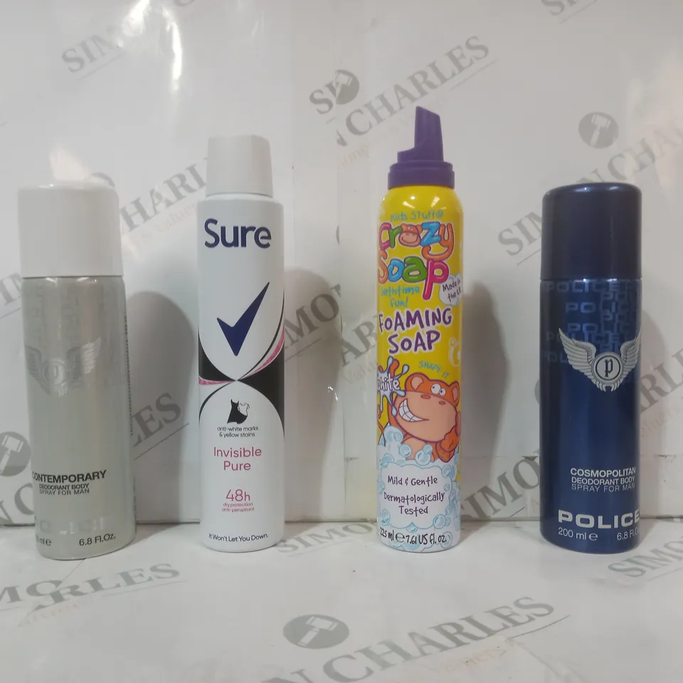 APPROXIMATELY 10 ASSORTED AEROSOL ITEMS IN INCLUDE POLICE COSMOPOLITAN BODY SPRAY, KIDS STUFF FOAMING SOAP, SURE ANTI-PERSPIRANT, ETC - COLLECTION ONLY