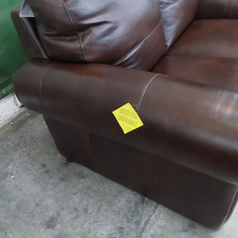 DESIGNER TWO SEATER SCROLL ARM SOFA CHESTNUT LEATHER 