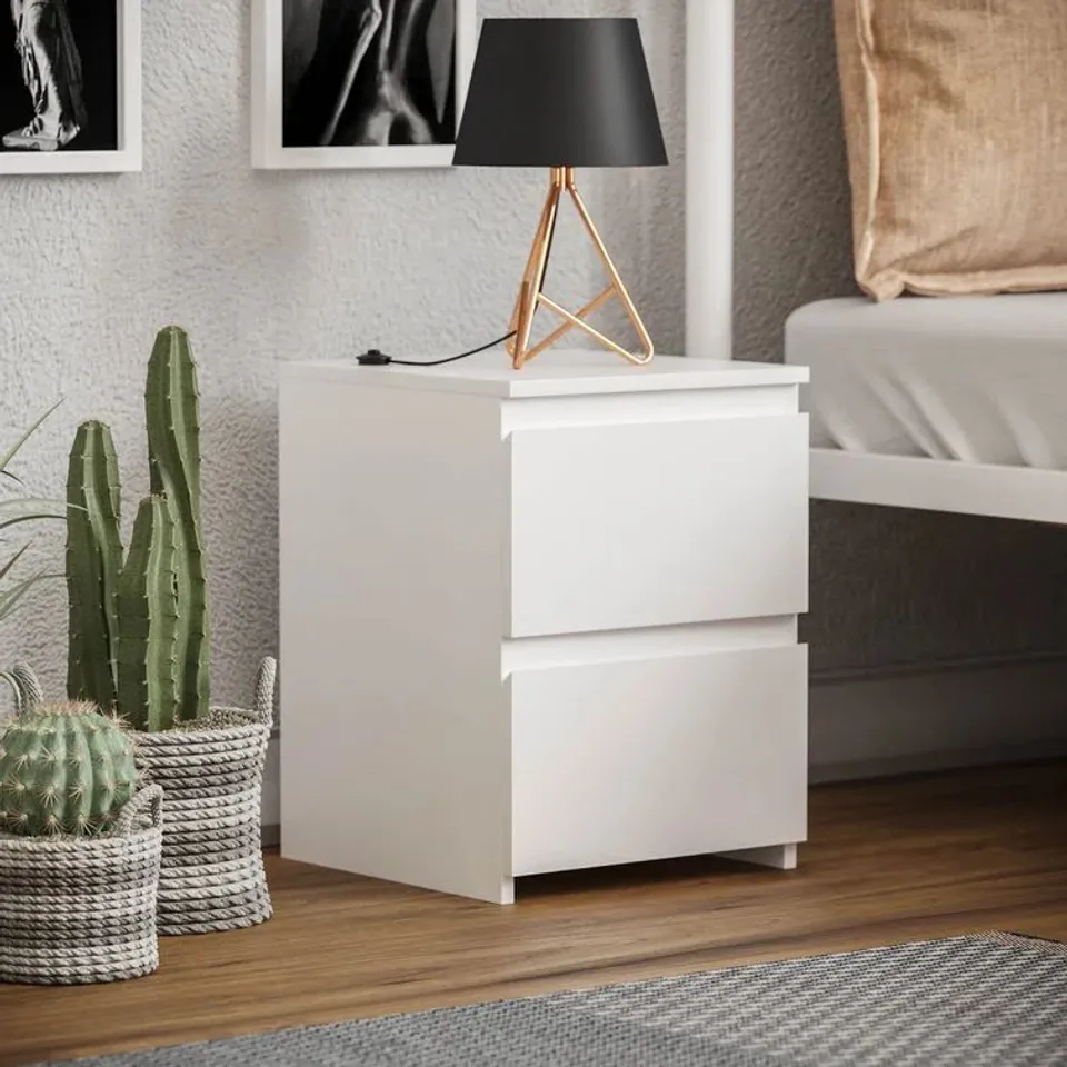 BOXED CUMBA TWO DRAWER BEDSIDE TABLE - WHITE (1 BOX)