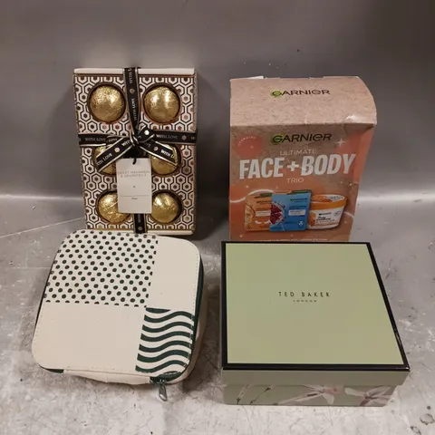 LOT OF 4 ASSORTED COSMETIC BOXSETS TO INCLUDE - GARNIER FACE + BODY TRIO - TED BAKER CANDLE DUO - BAYLIS & HARDING LUXURY BATH BOMBS - ETC