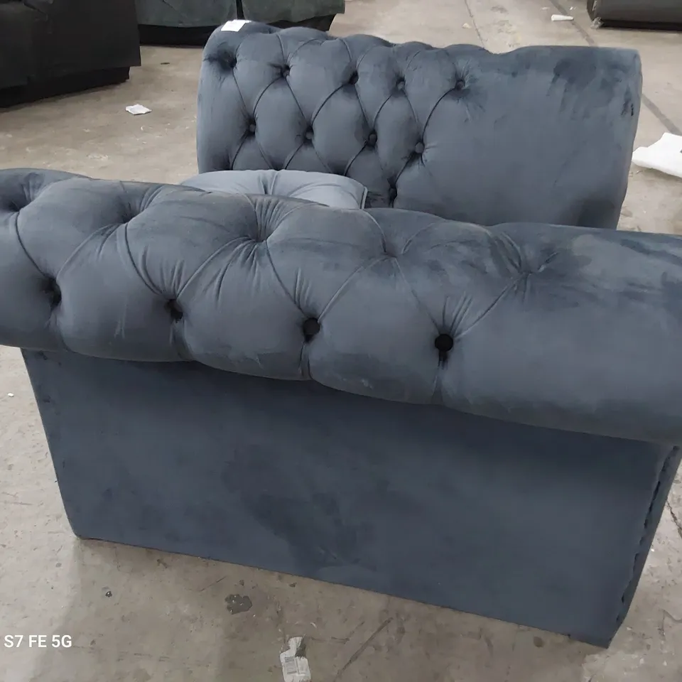 DESIGNER CHESTERFIELD STYLE EASY CHAIR PLUSH DENIM BLUE FABRIC 