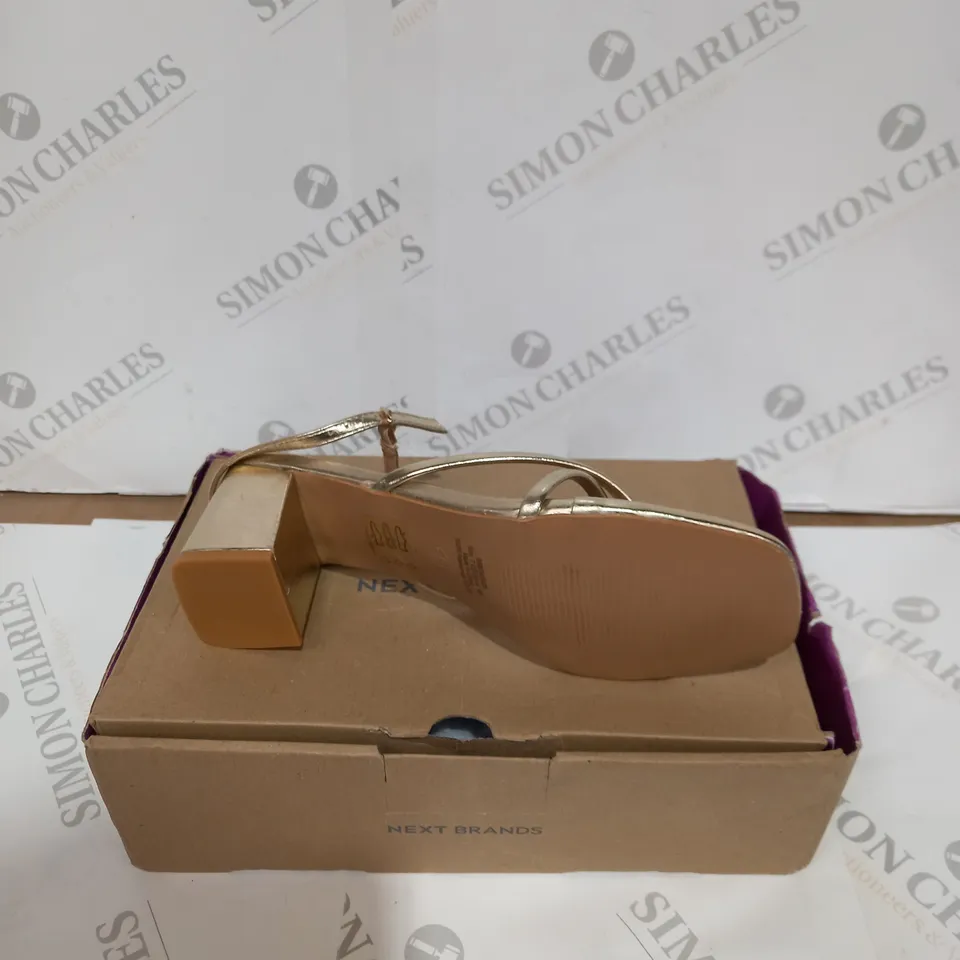 BOXED PAIR OF NEXT BRANDS WOMENS HEEL'S - GOLD, SIZE 7