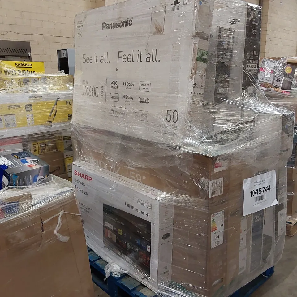 PALLET OF APPROXIMATELY 11 ASSORTED UNPROCESSED RAW RETURNS TELEVISIONS TO INCLUDE;