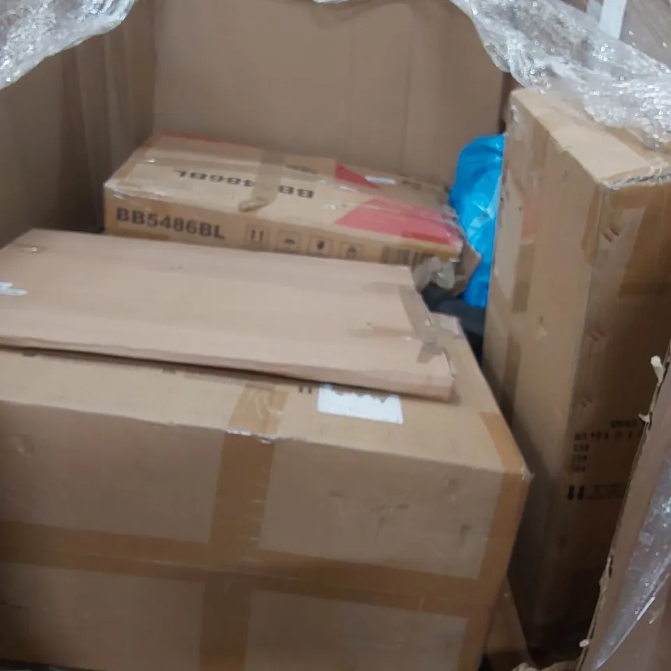 PALLET OF ASSORTED HOUSEHOLD ITEMS AND CONSUMER PRODUCTS TO INCLUDE; TIMBER RIDGE CAMPING WAGON & FOLDING CHAIR, INDUCTION STOVE, BAR STOOL, FOLDING WAGON, BOXED FURNITURE ETC 