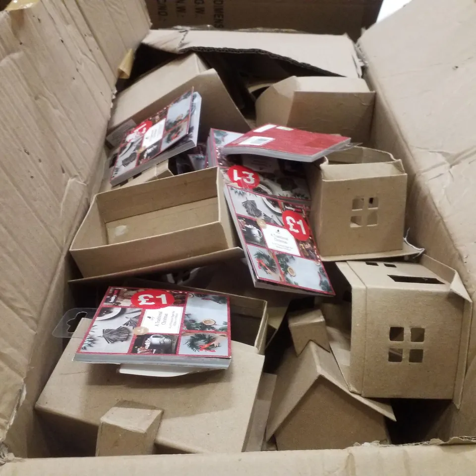 PALLET CONTAINING ASSORTED CHRISTMAS PRODUCTS & DECORATIONS INCLUDING GREEN TREE IN CLEAR BOTTLES, CHRISTMAS PAPER PADS, MACHE HOUSES & FELT GINGERBREAD LETTERS