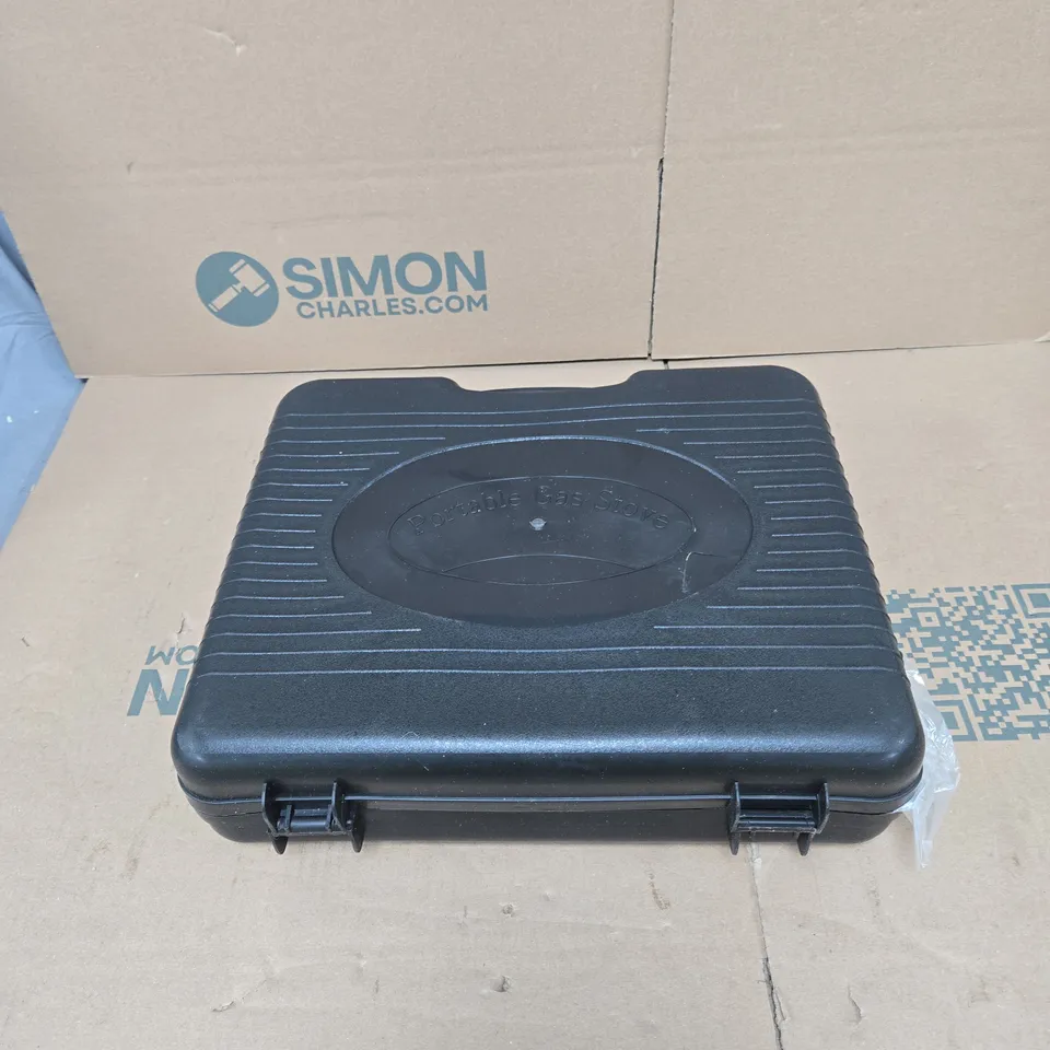 PORTABLE GAS STOVE WITH INSTRUCTIONS, IN BLACK CARRY CASE. BOXED