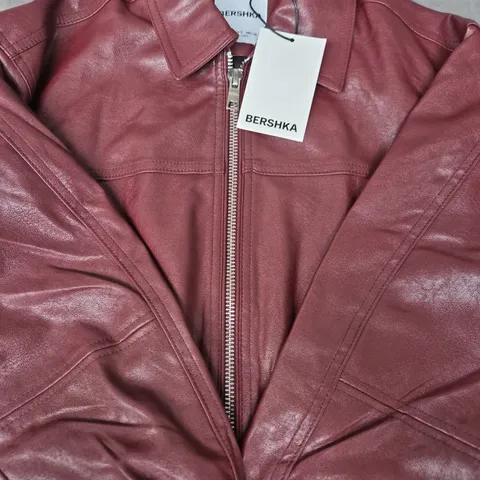 BERSHKA BURGUNDY LEATHER JACKET – SIZE SMALL