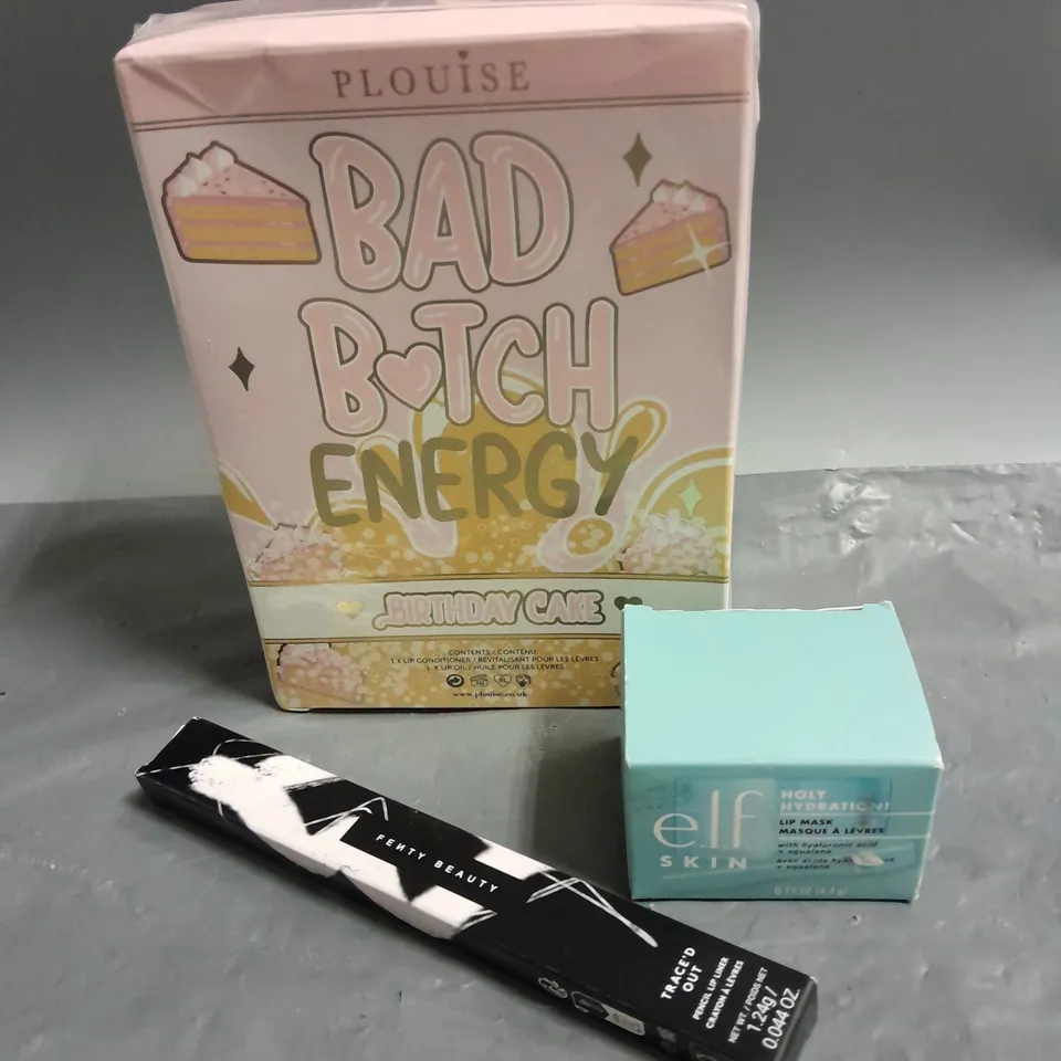 LOT OF 3 COSMETIC PRODUCTS TO INCLUDE - PLOUISE BAD BITCH ENERGY LIP KIT - FENTY BEAUTY PENCIL LIP LINER - ELF HOLY HYDRATION LIP MASK