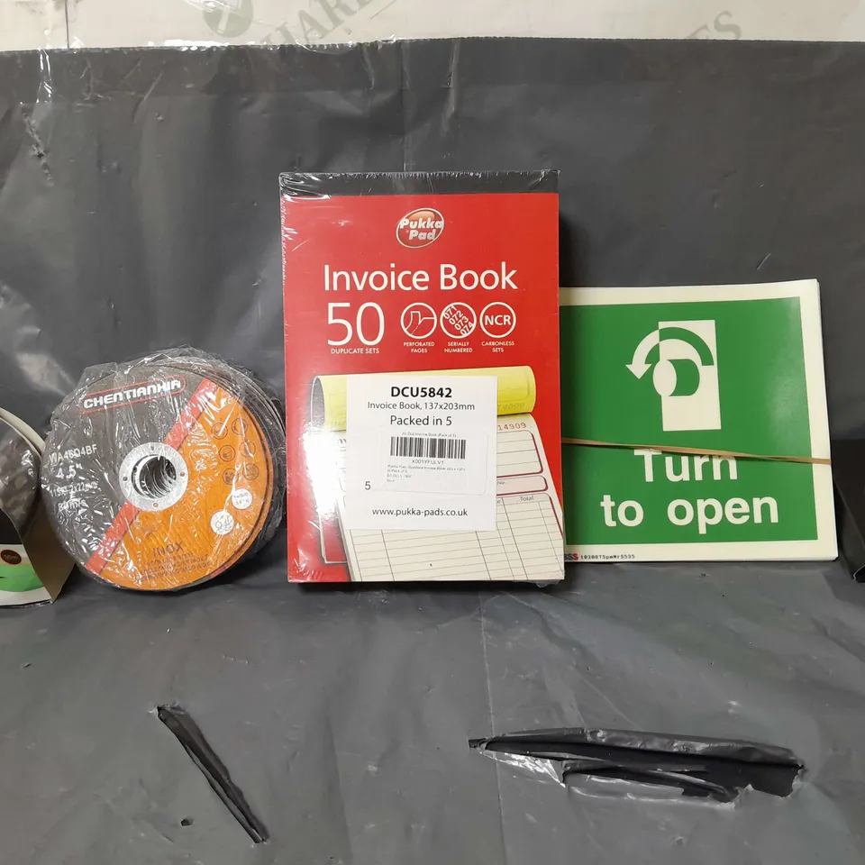 BOX OF APPROXIMATELY 14 ASSORTED ITEMS TO INCLUDE - PUKKA PAD INVOICE BOOK , ALU TAPE , TURN TO OPEN STICKERS ETC