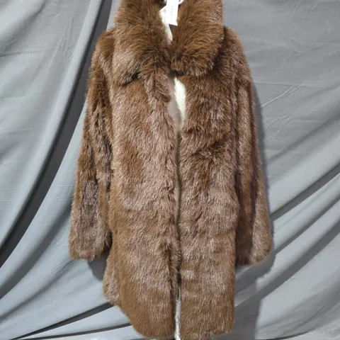 TOPSHOP TALL BUTTON FRONT LONGLINE FAUX FUR COAT IN BROWN - UK 10