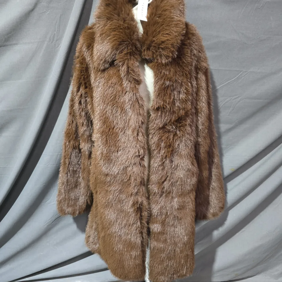 TOPSHOP TALL BUTTON FRONT LONGLINE FAUX FUR COAT IN BROWN - UK 10