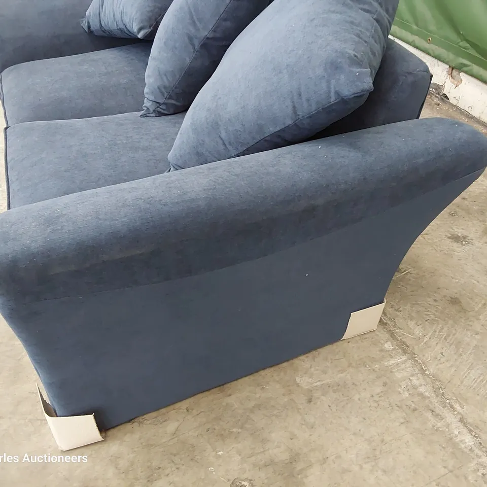 DESIGNER TWO SEATER SOFA WITH SCATTER CUSHIONS BLUE FABRIC 