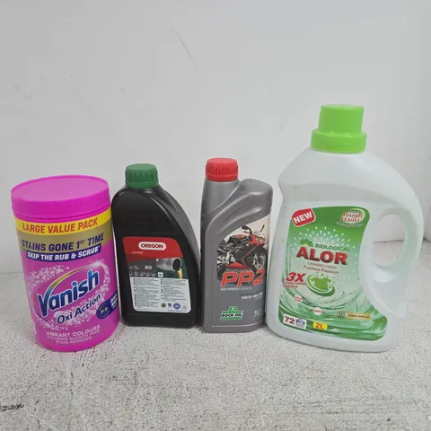 APPROXIMATELY 12 ASSORTED HOUSEHOLD LIQUID PRODUCTS TO INCLUDE VANISH OXIACTION, OREGON BIO CHAIN OIL, ALOR LAUNDRY LIQUID, ETC - COLLECTION ONLY