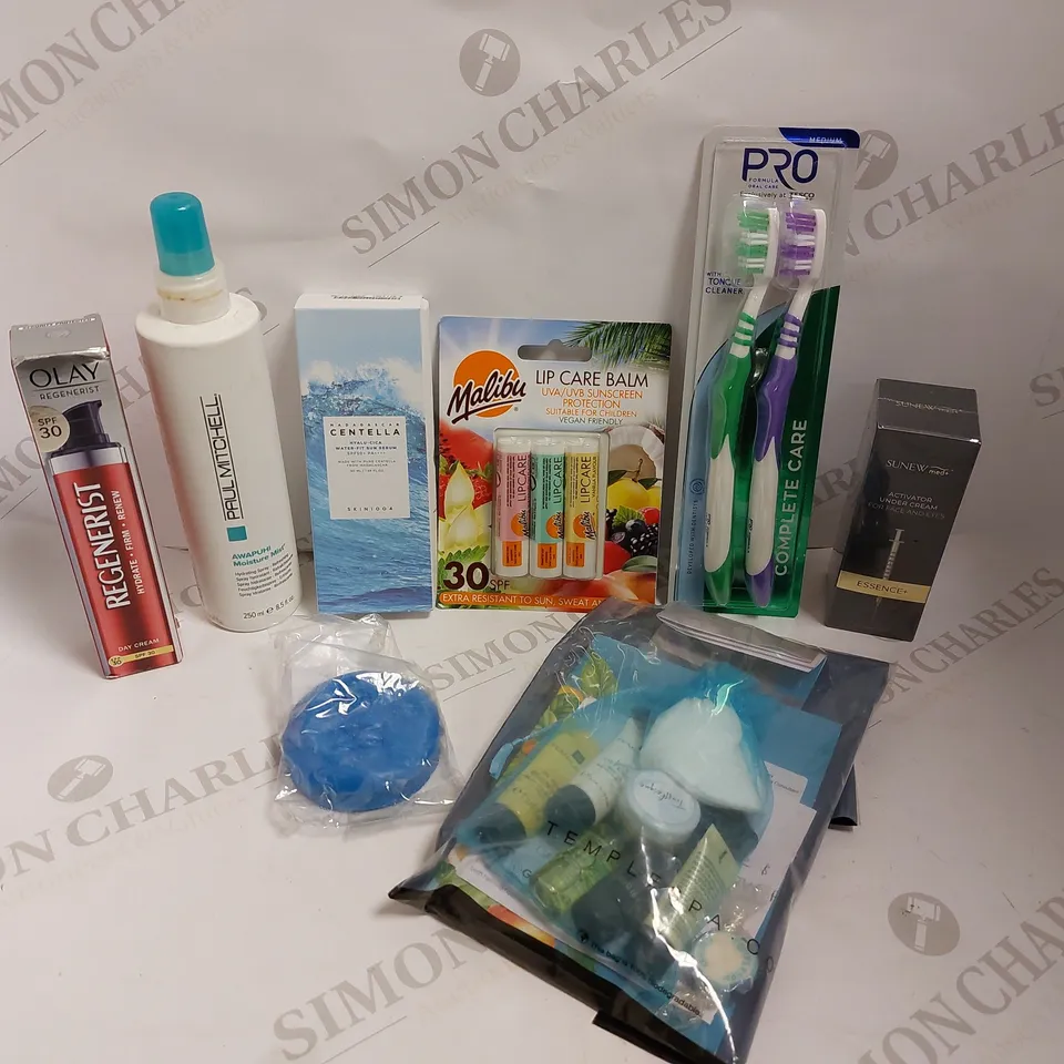 BOX OF APPROX 20 COSMETIC ITEMS TO INCLUDE PAUL MITCHELL MOISTURE MIST, MALIBU LIP CARE BALM AND OLAY REGENERIST