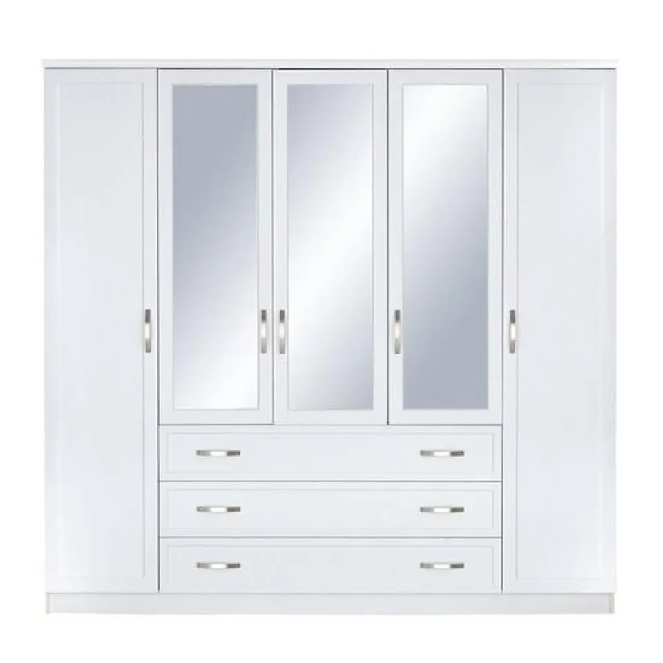 DESIGNER BOXED CAMBERLEY WHITE 5 DOOR 3 DRAWER MIRRORED WARDROBE (BOXES 1 & 2 OF 3 ONLY)