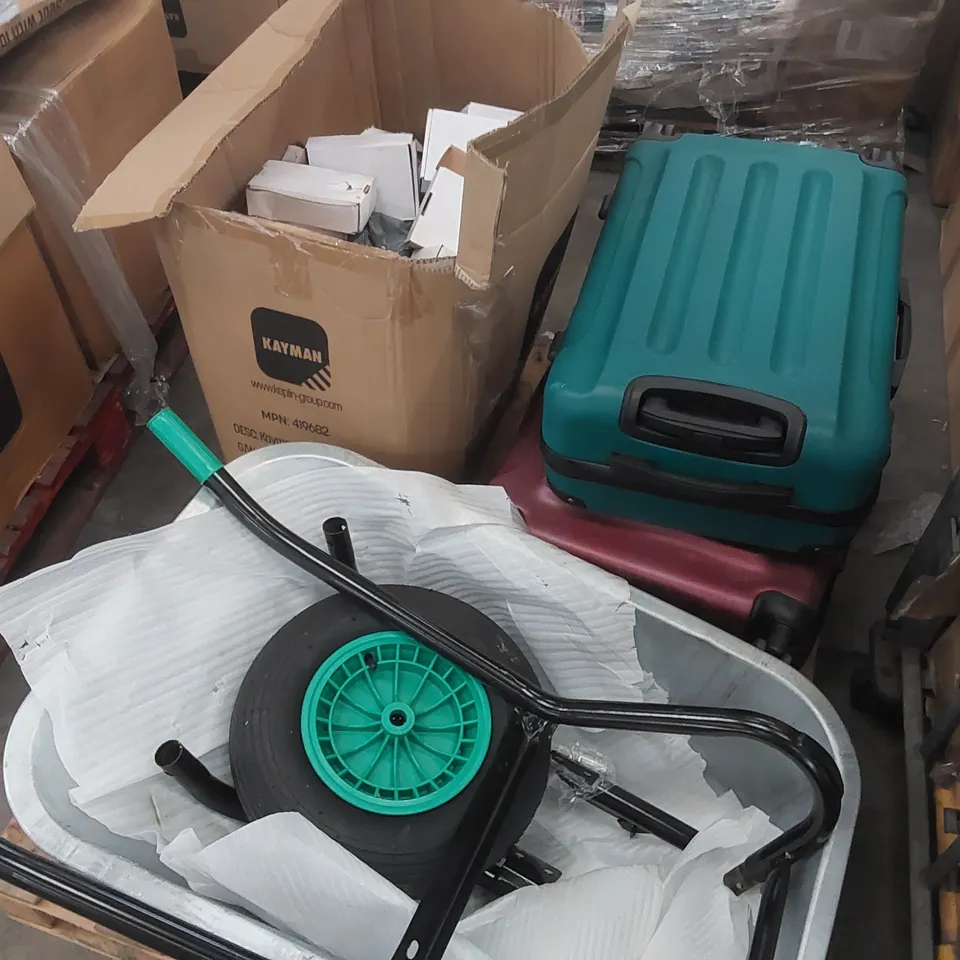 PALLET OF ASSORTED CONSUMER PRODUCTS/FURNITURE PARTS INCLUDING: WHEELBARROW, SUITCASE ECT