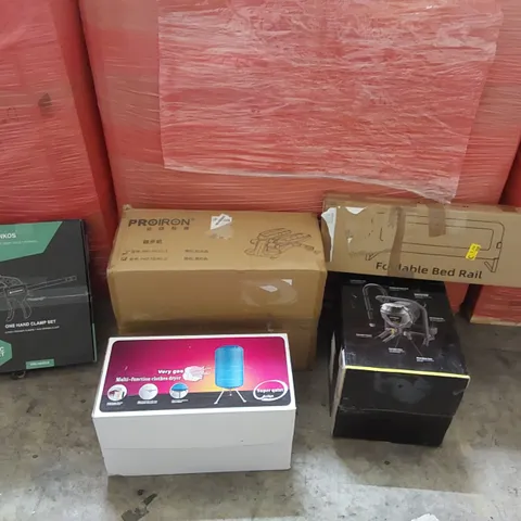 PALLET OF ASSORTED ITEMS INCLUDING: PROIRON STEPPER, INOKRAFT MAXPRAY M1 AIRLESS PAINT SPRAYER, MULTIFUNCTIONAL CLOTHES DRYER, ONE HAND CLAMP SET, FOLDABLE BED RAIL ECT