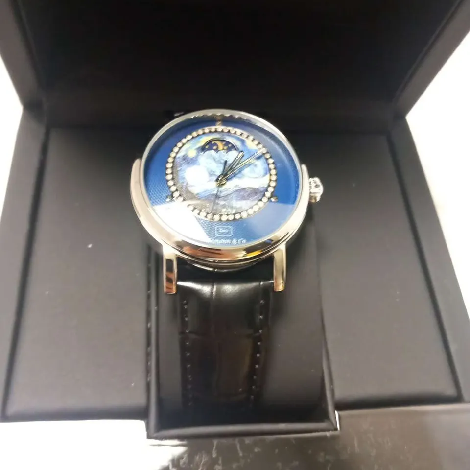 MENS ZIHLMANN & CO AUTOMATIC WATCH – Z150 – MOONPHASE DIAL – GLASS EXHIBITION BACKCASE - SILVER COLOUR CASE – BLACK LEATHER STRAP