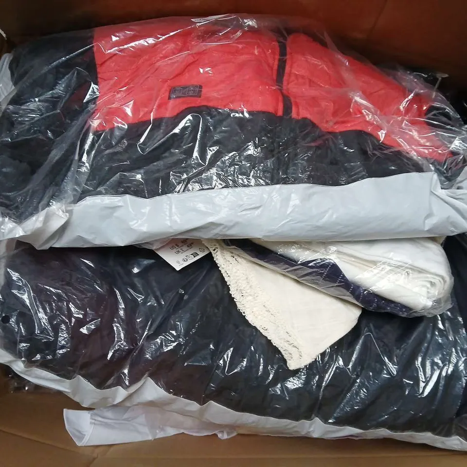 LARGE BOX OF ASSORTED CLOTHING ITEMS IN VARIOUS SIZES, STYLES AND COLOUR  TO INCLUDE JACKETS, TOPS, ETC