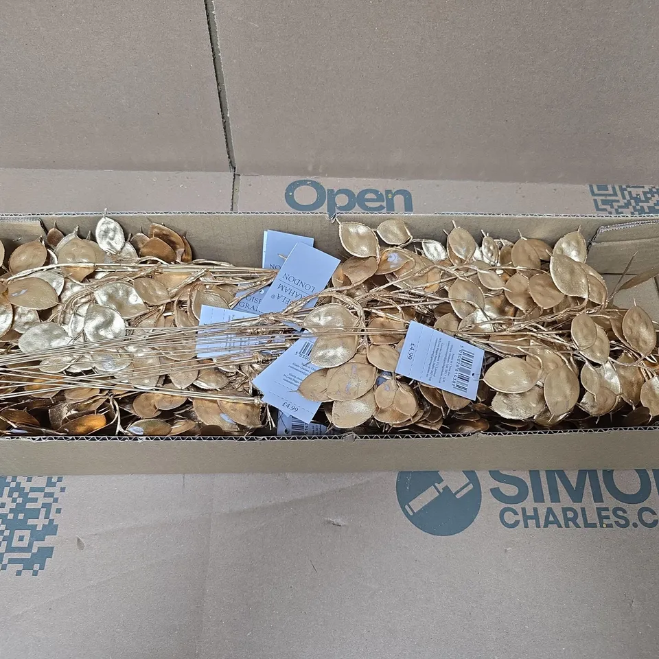 BOX OF APPROXIMATELY 12 GISELA GRAHAM GOLD FAUX LEAF ARRANGEMENTS
