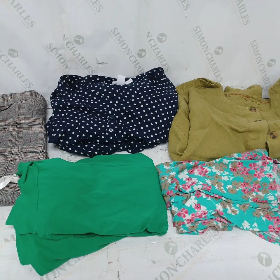 LARGE BOX OF ASSORTED CLOTHING ITEMS TOO INCLUDE TOPS , DRESSES AND TROUSERS COMING IN DIFFERENT COLOURS AND SIZES 