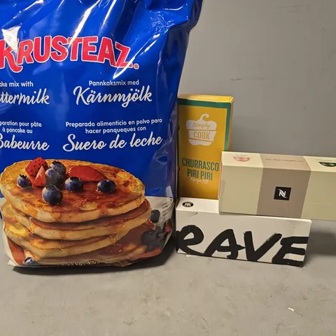 APPROXIMATELY 9 ASSORTED FOOD & DRINK ITEMS TO INCLUDE - KRUSTEAZ PANCAKE MIX , RAVE COFFEE , SIMPLY COOK CHURRASCO PIRI PIRI ETC