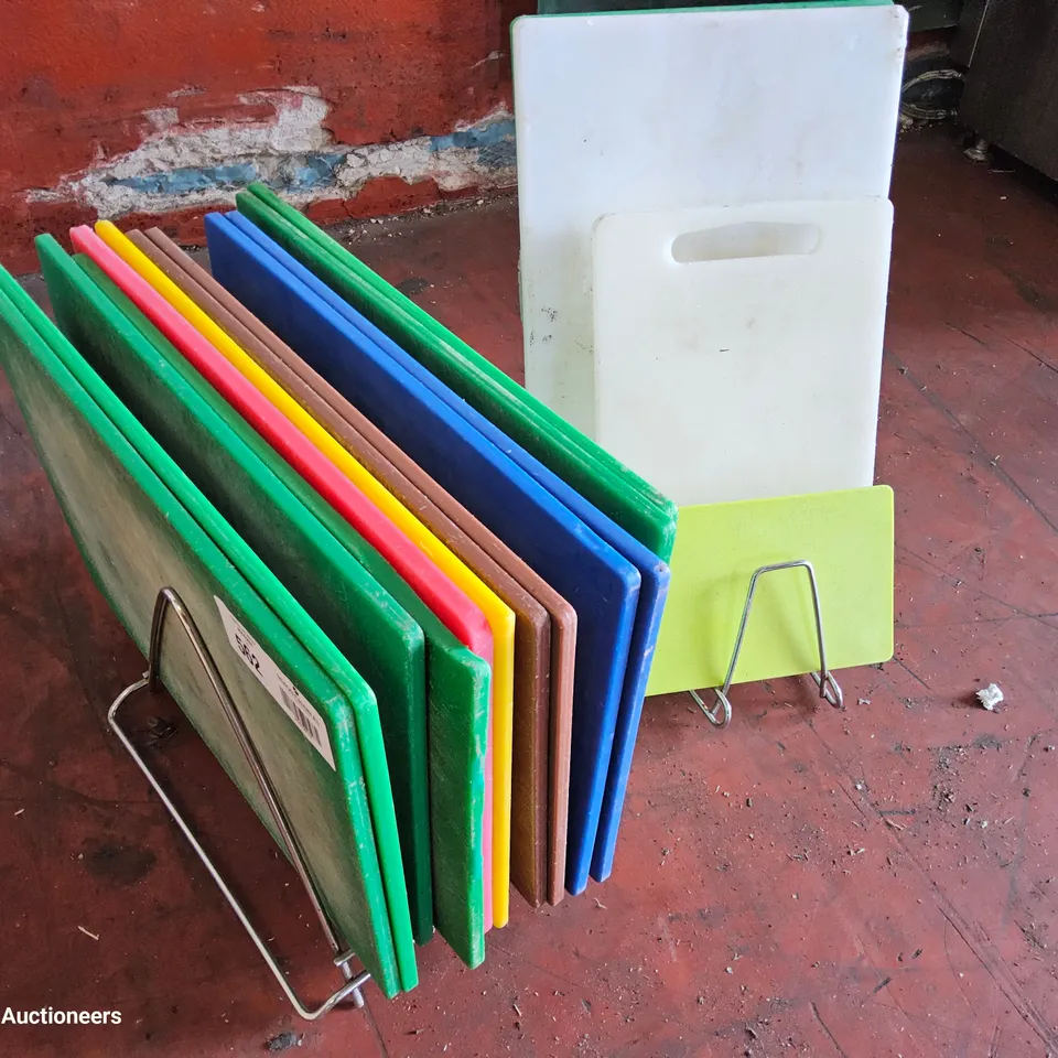 ASSORTED COLOURED CHOPPING BOARDS & 2 RACKS