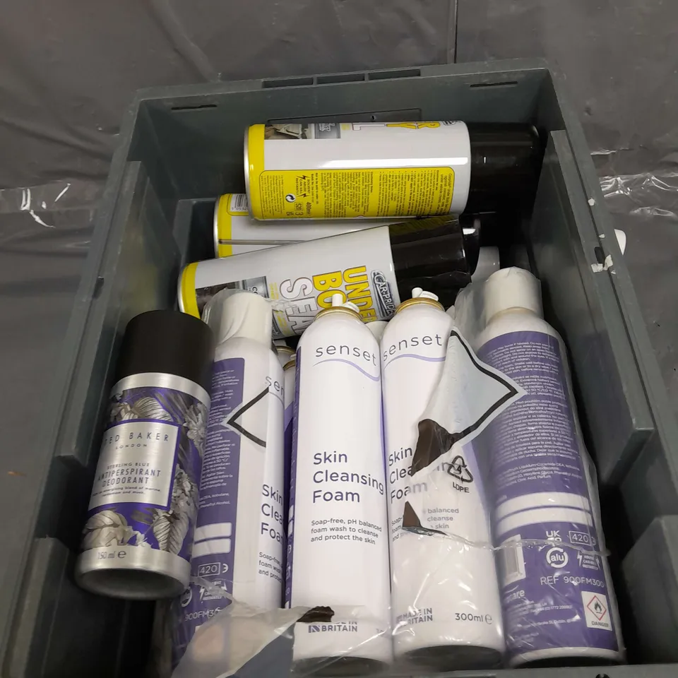 APPROXIMATELY 12 ASSORTED AEROSOLS TO INCLUDE UNDER BODY SEALANT , TED BAKER SPRAY , SKIN CLEANSING FOAM . ETC