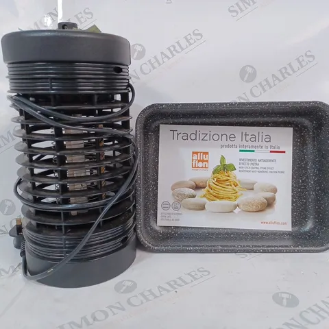 BOX OF APPROXIMATELY 10 ASSORTED HOUSEHOLD ITEMS TO INCLUDE ALLUFLEN NON-STICK STONE EFFECT PAN, UNBRANDED BUG LAPPER, ETC