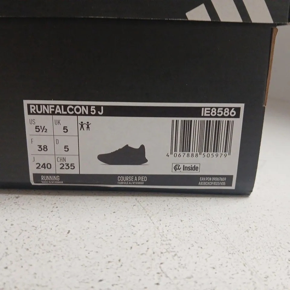 BOXED PAIR OF ADIDAS RUNFALCON 5J RUNNING SHOES – BLACK, UK 5