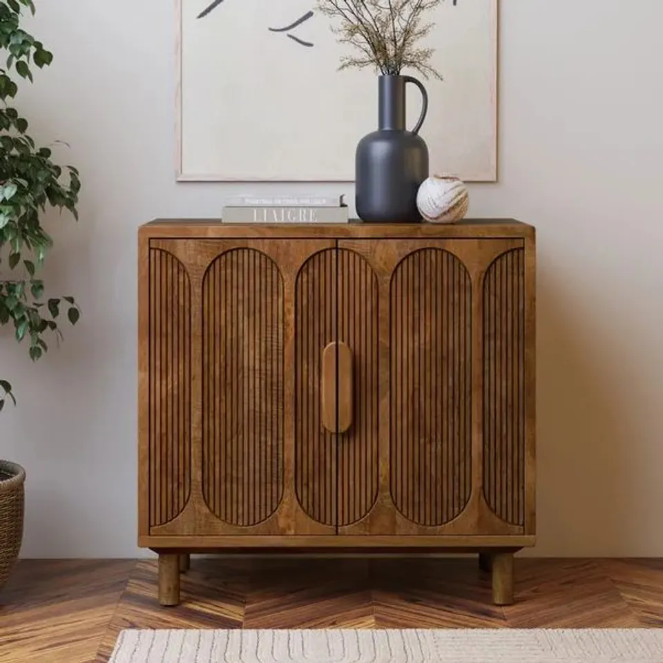 BOXED KHARI 2 DOOR SMALL SIDEBOARD, MANGO WOOD - LIGHT MIDTONE (1 BOX)