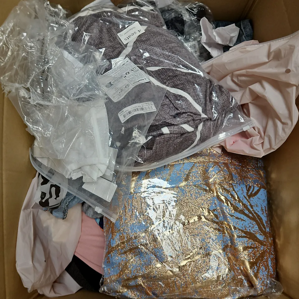 BOX OF APPROXIMATELY 20 ASSORTED CLOTHING ITEMS TO INCLUDE WAISTCOAT, DRESS, TROUSERS, ETC - COLLECTION ONLY