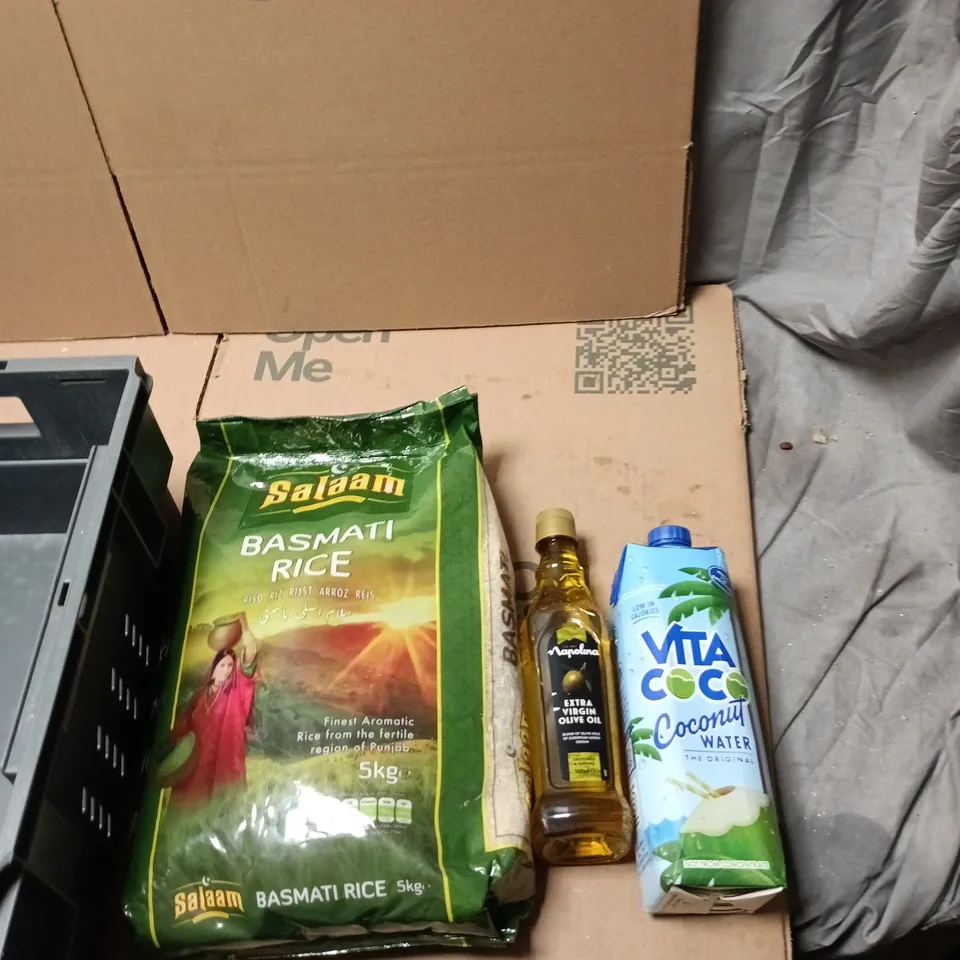 TOTE OF 3 ASSORTED FOOD AND DRINK ITEMS TO INCLUDE: 5KG BASMATI RICE 