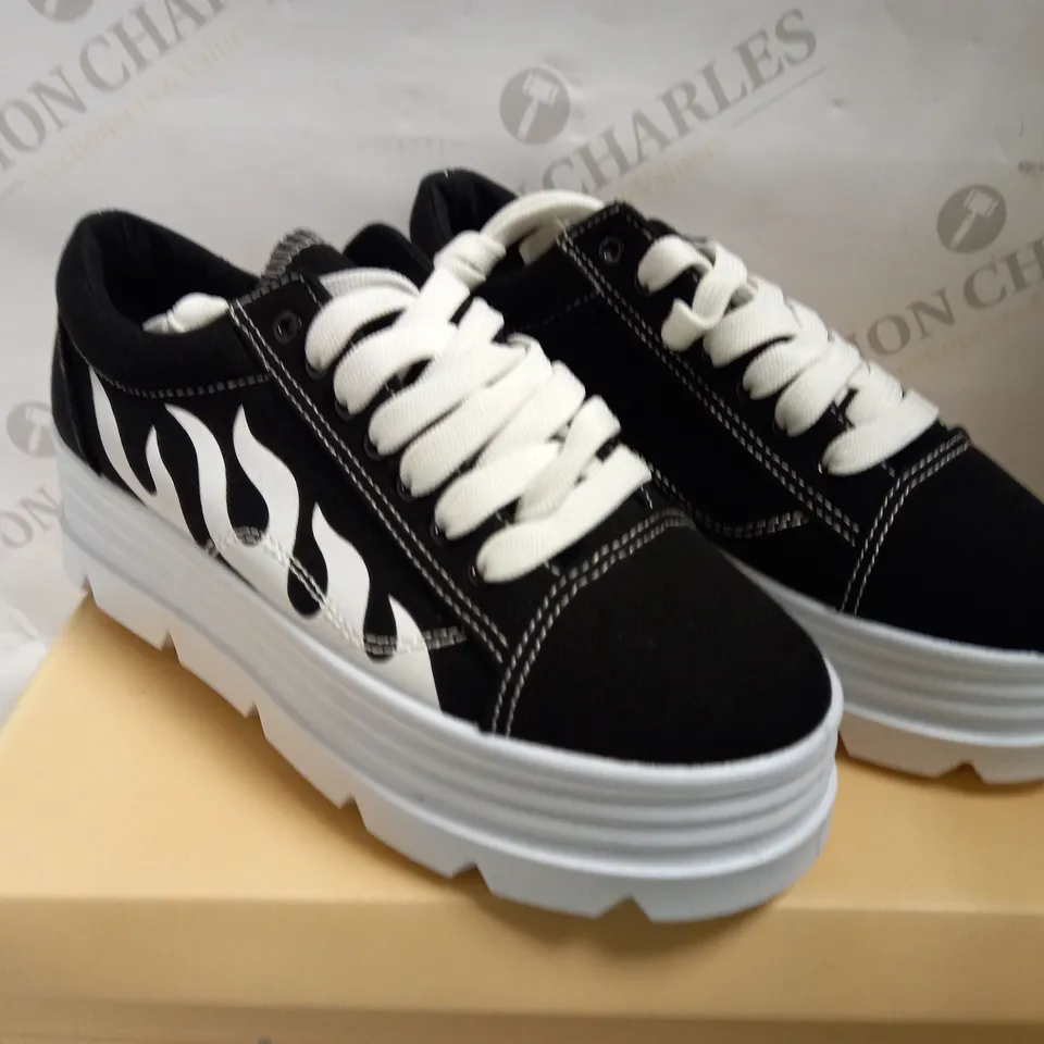 KOI VEGAN THE FURIES FLAMED CHUNKY TRAINERS IN BLACK/WHITE - SIZE 5