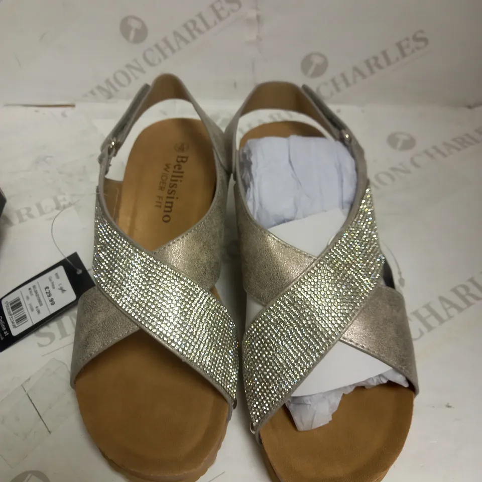BELLISSIMO WIDE FIT METALLIC WEDGE SANDALS SOFT GOLD UK 6