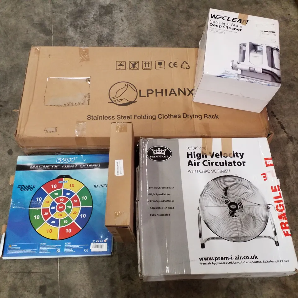 PALLET OF ASSORTED PRODUCTS INCLUDING CLOTHES DRYING RACK, DEEP CLEANER, AIR CIRCULATORY, MAGNETIC DART BOARD, HANGING SPICE RACKS