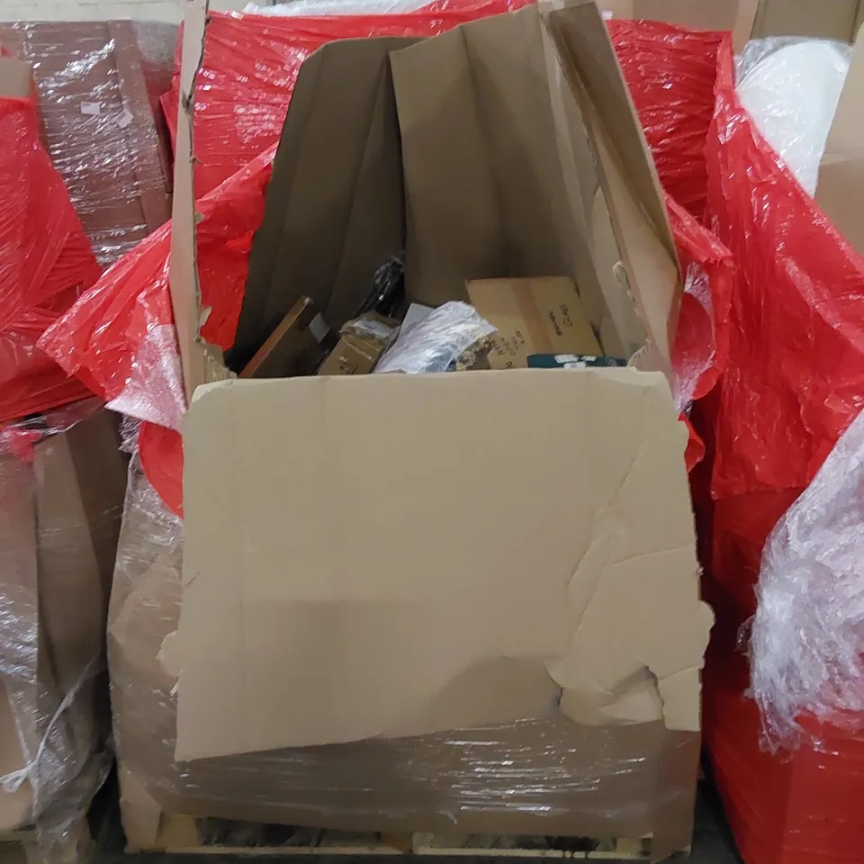 PALLET OF ASSORTED HOUSEHOLD ITEMS AND CONSUMER PRODUCTS. INCLUDES BABY WALKER, CONTINUOUS PAPER SHREDDER, CHILDREN'S TRICYCLE ETC