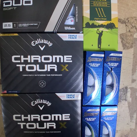 EIGHT ASSORTED GOLF PRODUCTS TO INCLUDE; FAIRWAYS KEEP SCORE, SRIXON Q STAR TOURS SET OF 3, CALLAWAY CHROME TOUR X SET OF 12 AND WS DUO SOFT SET OF 12