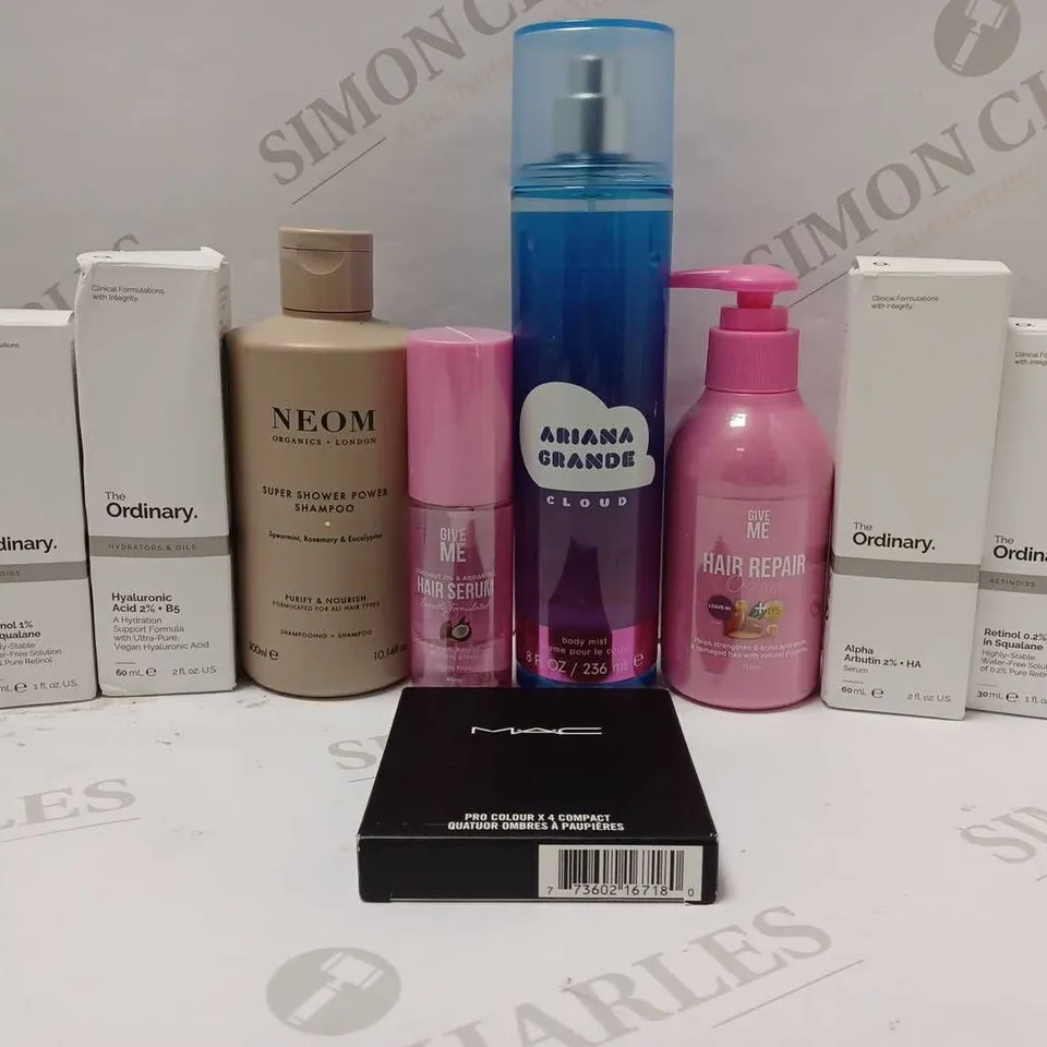 LOT OF APPROX 10 ASSORTED BEAUTY PRODUCTS TO INCLUDE ARIANA GRANDE CLOUD BODY MIST, GIVE ME HAIR SERUM, AUSSIE HAIR OIL, ETC 